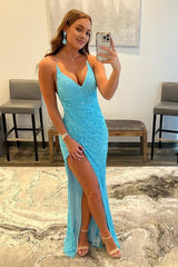 Sparkly Sky Blue Sequins Lace-Up Long Corset Prom Dress with Slit Gowns, Sparkly Sky Blue Sequins Lace-Up Long Prom Dress with Slit