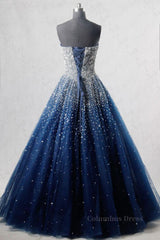Sparkly Strapless Blue Corset Prom Dresses, Strapless Blue Long Corset Formal Evening Dresses outfit, Graduation Outfit