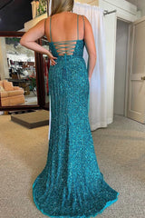 Sparkly Turquoise Mermaid Sequins Long Corset Prom Dress with Fringes outfit, Sparkly Turquoise Mermaid Sequins Long Prom Dress with Fringes
