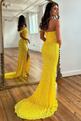 Sparkly Yellow Detachable Straps Mermaid Sequins Corset Prom Dress with Slit Gowns, Sparkly Yellow Detachable Straps Mermaid Sequins Prom Dress with Slit