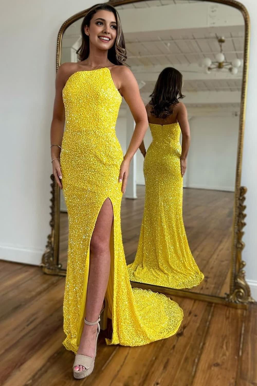 Sparkly Yellow Detachable Straps Mermaid Sequins Corset Prom Dress with Slit Gowns, Sparkly Yellow Detachable Straps Mermaid Sequins Prom Dress with Slit