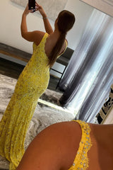 Sparkly Yellow Mermaid Lace Long Corset Prom Dress with Beading outfit, Sparkly Yellow Mermaid Lace Long Prom Dress with Beading