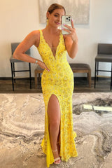 Sparkly Yellow Mermaid Lace Long Corset Prom Dress with Beading outfit, Sparkly Yellow Mermaid Lace Long Prom Dress with Beading
