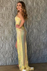 Sparkly Yellow Sequins Mermaid Long Corset Prom Dress with Appliques Gowns, Sparkly Yellow Sequins Mermaid Long Prom Dress with Appliques