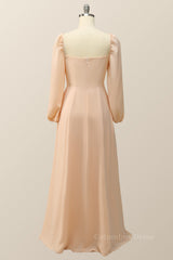 Square Neck Champagne Chiffon Long Corset Bridesmaid Dress outfit, Bridesmaid Dresses Formal