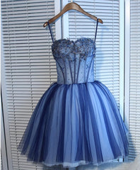 Charming Blue Lace Tule A Lin Short Corset Prom Dress, Corset Homecoming Dress outfit, Formal Dress Floral