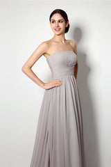 Strapless A Line Chiffon Long Silver Corset Bridesmaid Dresses outfit, Prom Outfit