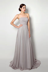 Strapless A Line Chiffon Long Silver Corset Bridesmaid Dresses outfit, Flowy Dress