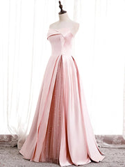 Strapless A-line Pink Satin Corset Prom Dresses, Pink Satin Long Party Dress Outfits, Prom Outfit