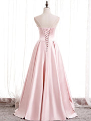 Strapless A-line Pink Satin Corset Prom Dresses, Pink Satin Long Party Dress Outfits, Flowy Dress