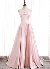 Strapless A-line Pink Satin Corset Prom Dresses, Pink Satin Long Party Dress Outfits, Girlie Dress