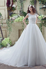 Strapless Appliques Lace Train Corset Wedding Dresses With Crystals Gowns, Wedding Dresses Brides