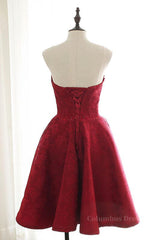 Strapless Backless Burgundy Lace Short Corset Prom Dress, Short Burgundy Lace Corset Homecoming Dress outfit, Wedding Color