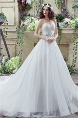 Strapless Beading Train Corset Wedding Dresses With Crystals Gowns, Wedding Dresses No Sleeves