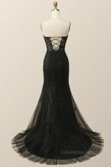 Strapless Black Lace Mermaid Long Corset Prom Dress outfits, Evening Dress Ideas