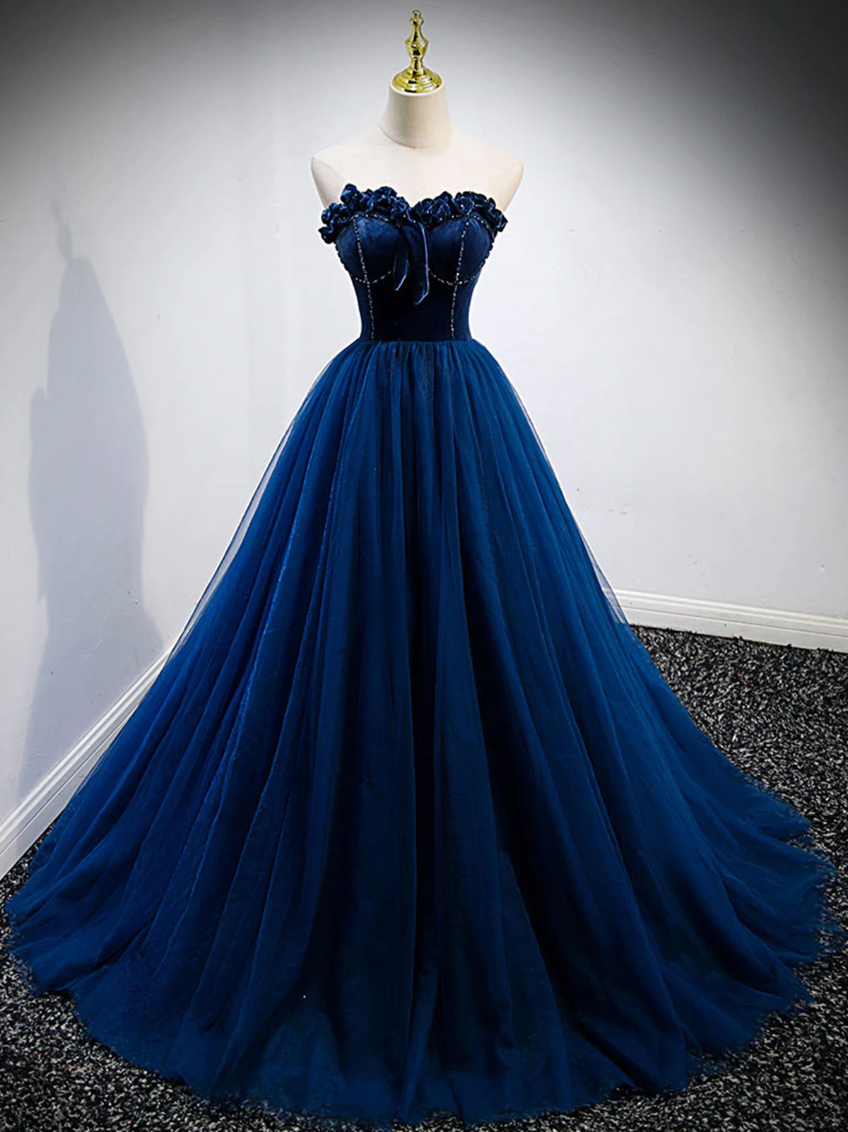 Strapless Blue Velvet Long Corset Prom Dresses, Blue Velvet Long Corset Formal Graduation Dresses outfit, Long Sleeve Prom Dress