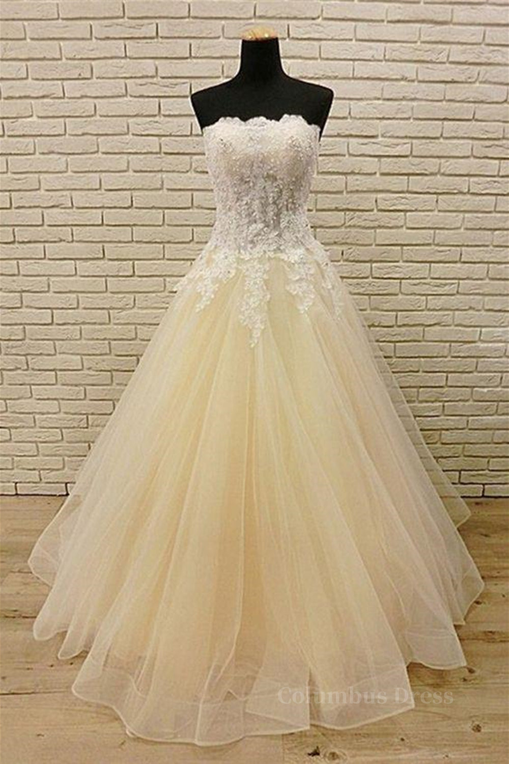 Strapless Champagne Long Corset Prom Dresses with Lace Appliques, Champagne Lace Corset Formal Evening Dresses outfit, Formal Dress Styles