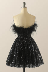 Strapless Feather Black A-line Short Corset Homecoming Dress outfit, Homecomming Dress With Sleeves