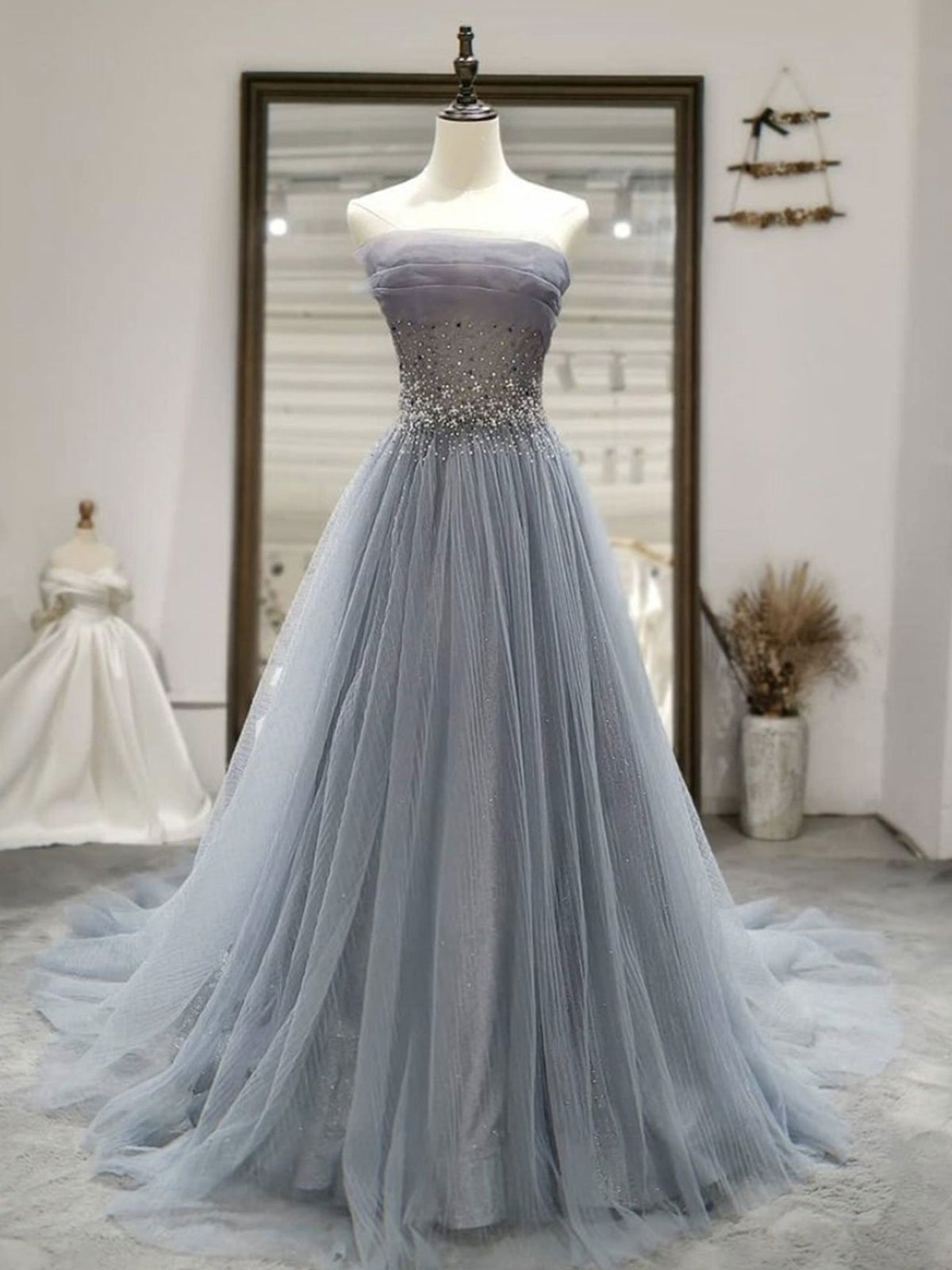 Strapless Gray Tulle Long Corset Prom Dresses, Strapless Gray Long Corset Formal Evening Dresses outfit, Formal Dress Outfits