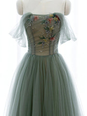 Strapless Green Tulle Floral Long Corset Prom Dresses, Green Tulle Floral Corset Formal Evening Dresses outfit, Winter Formal Dress