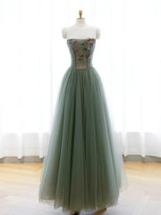 Strapless Green Tulle Floral Long Corset Prom Dresses, Green Tulle Floral Corset Formal Evening Dresses outfit, Wedding Theme