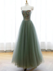 Strapless Green Tulle Floral Long Corset Prom Dresses, Green Tulle Floral Corset Formal Evening Dresses outfit, Wedding Flower