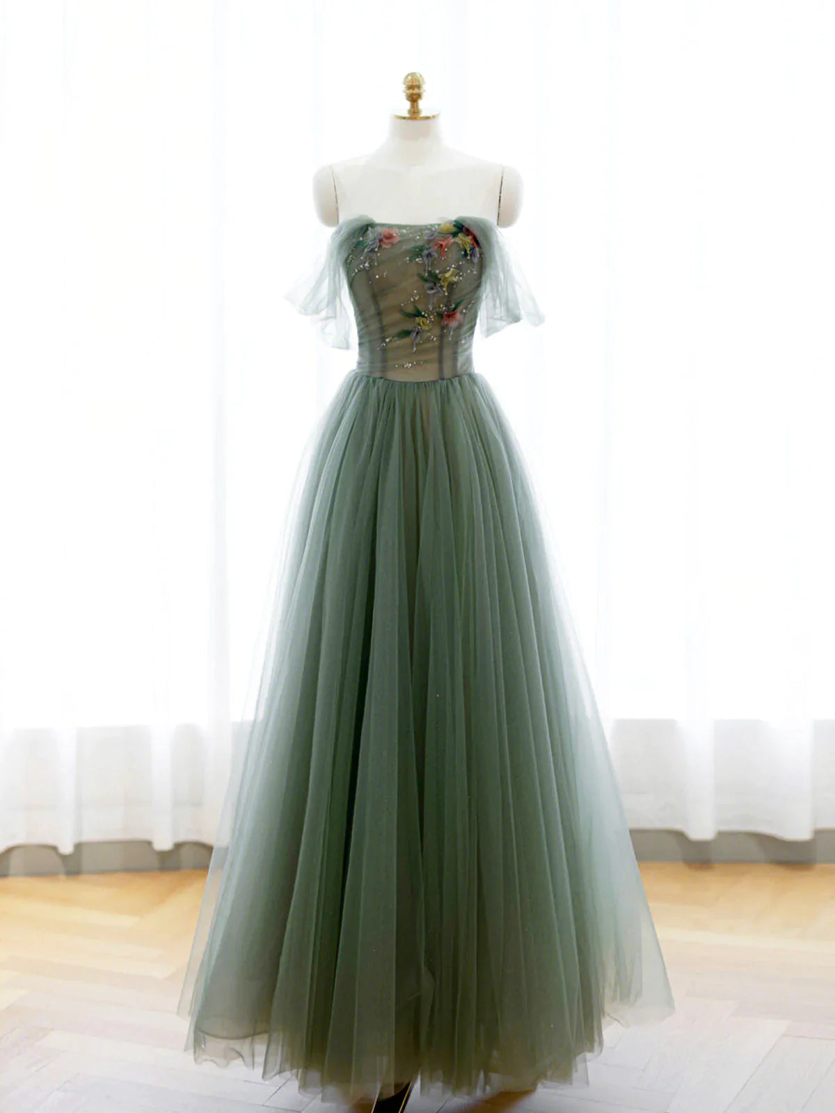 Strapless Green Tulle Floral Long Corset Prom Dresses, Green Tulle Floral Corset Formal Evening Dresses outfit, Wedding Color