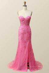 Strapless Hot Pink Lace Mermaid Long Corset Prom Dress outfits, Evening Dress Simple