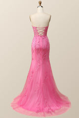 Strapless Hot Pink Lace Mermaid Long Corset Prom Dress outfits, Evening Dresses Princess