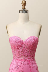 Strapless Hot Pink Lace Mermaid Long Corset Prom Dress outfits, Evening Dresses Classy