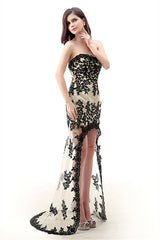 Strapless Lace Appliqued Chiffon Asymmetrical Corset Prom Dresses outfit, Evening Dress Mermaid