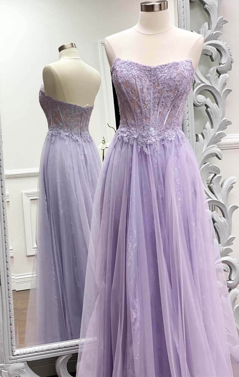 Strapless Lavender A-line Long Corset Formal Dress Trendy Corset Prom Dresses outfit, Bridesmaids Dresses Winter Wedding