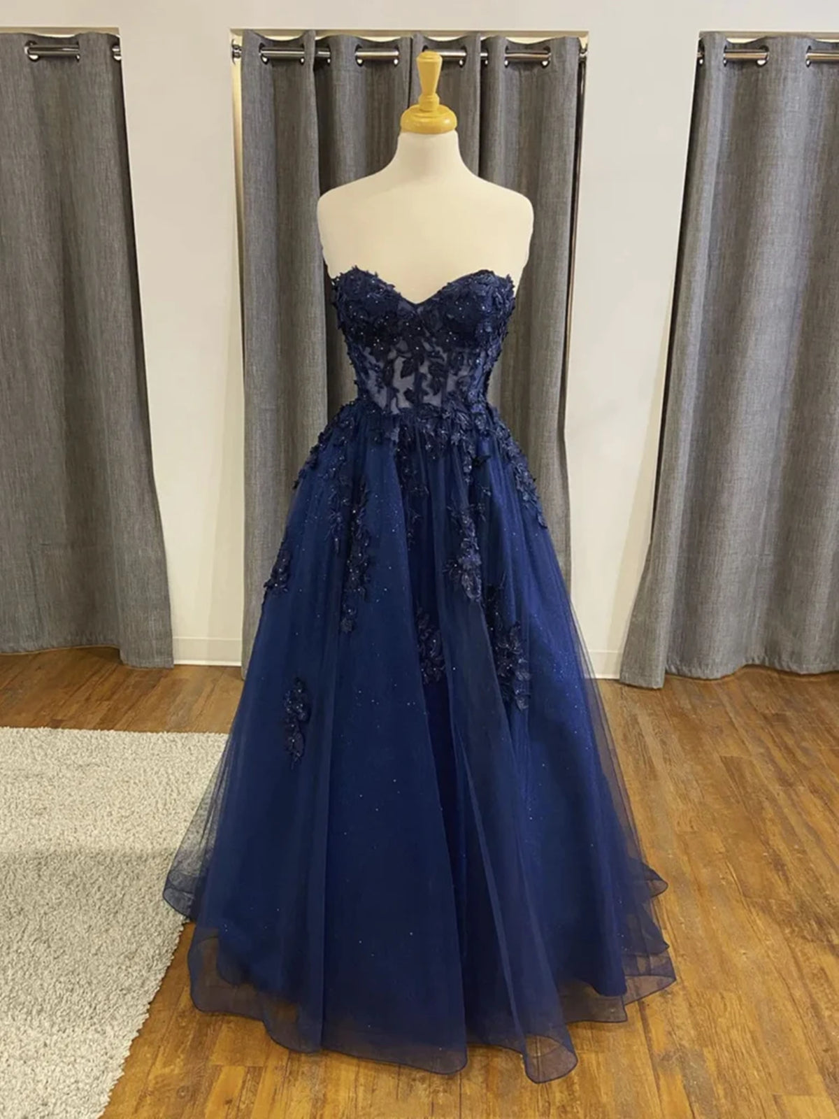 Strapless Navy Blue Beaded Lace Corset Prom Dresses, Navy Blue Lace Corset Formal Evening Dresses outfit, Elegant Prom Dress