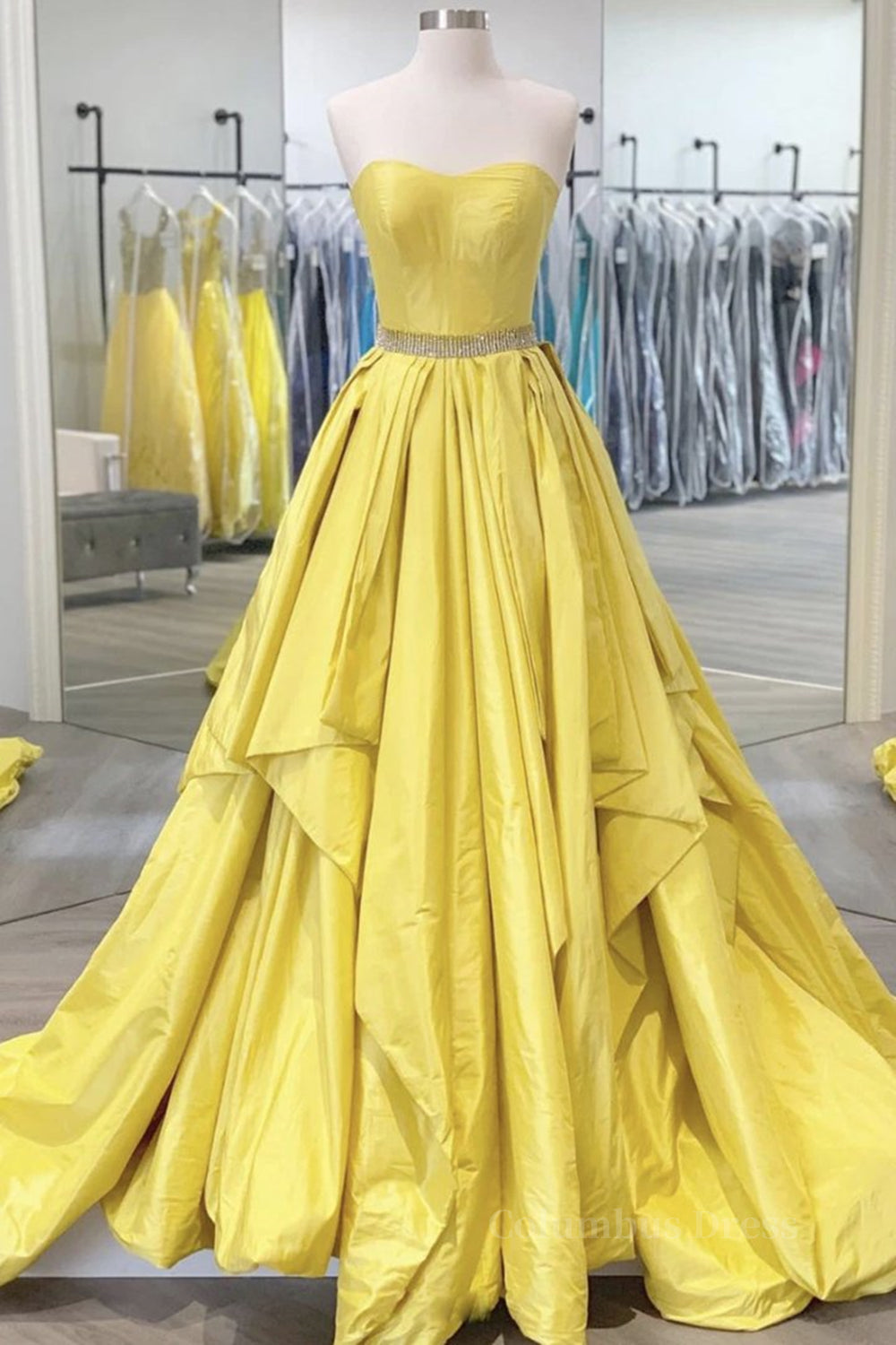 Strapless Open Back Fluffy Yellow Satin Long Corset Prom Dress, Layered Yellow Corset Formal Evening Dress outfit, Evening Dress For Weddings