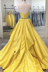 Strapless Open Back Fluffy Yellow Satin Long Corset Prom Dress, Layered Yellow Corset Formal Evening Dress outfit, Evening Dress For Wedding