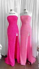 Strapless Pink Sequins Corset Prom Dress with Slit,Sparkly White Night Dresses Party Event Outfits, Mother Of The Bride Dress