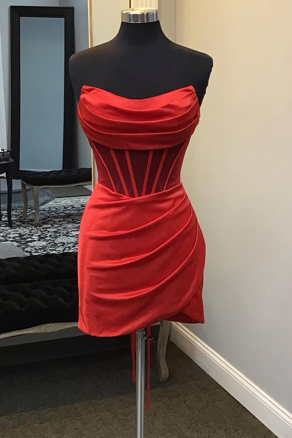 Strapless Pleated Red Satin Corset Homecoming Dress Bodycon Dresses outfit, Bridesmaid Dresses Navy Blue