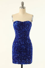 Strapless Royal Blue Sequin Bodycon Mini Dress outfit, Party Dress Fashion