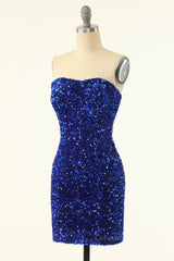 Strapless Royal Blue Sequin Bodycon Mini Dress outfit, Party Dress Wedding