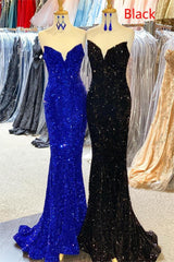Strapless Sequins Black Mermaid Corset Prom Dress outfits, Strapless Sequins Black Mermaid Prom Dress