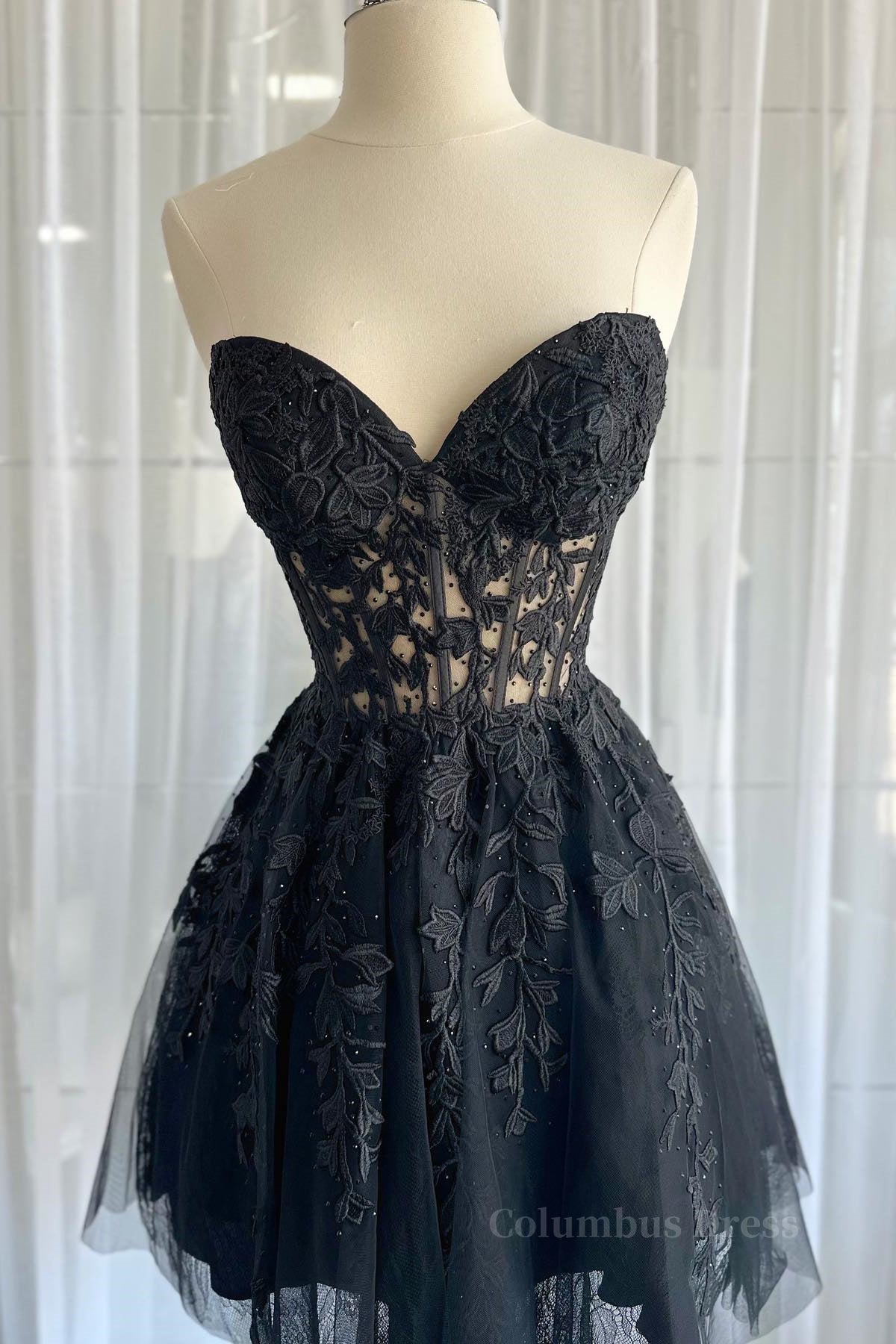 Strapless Short Black Lace Corset Prom Dresses, Short Black Lace Corset Formal Corset Homecoming Dresses outfit, Evening Dresses For Sale