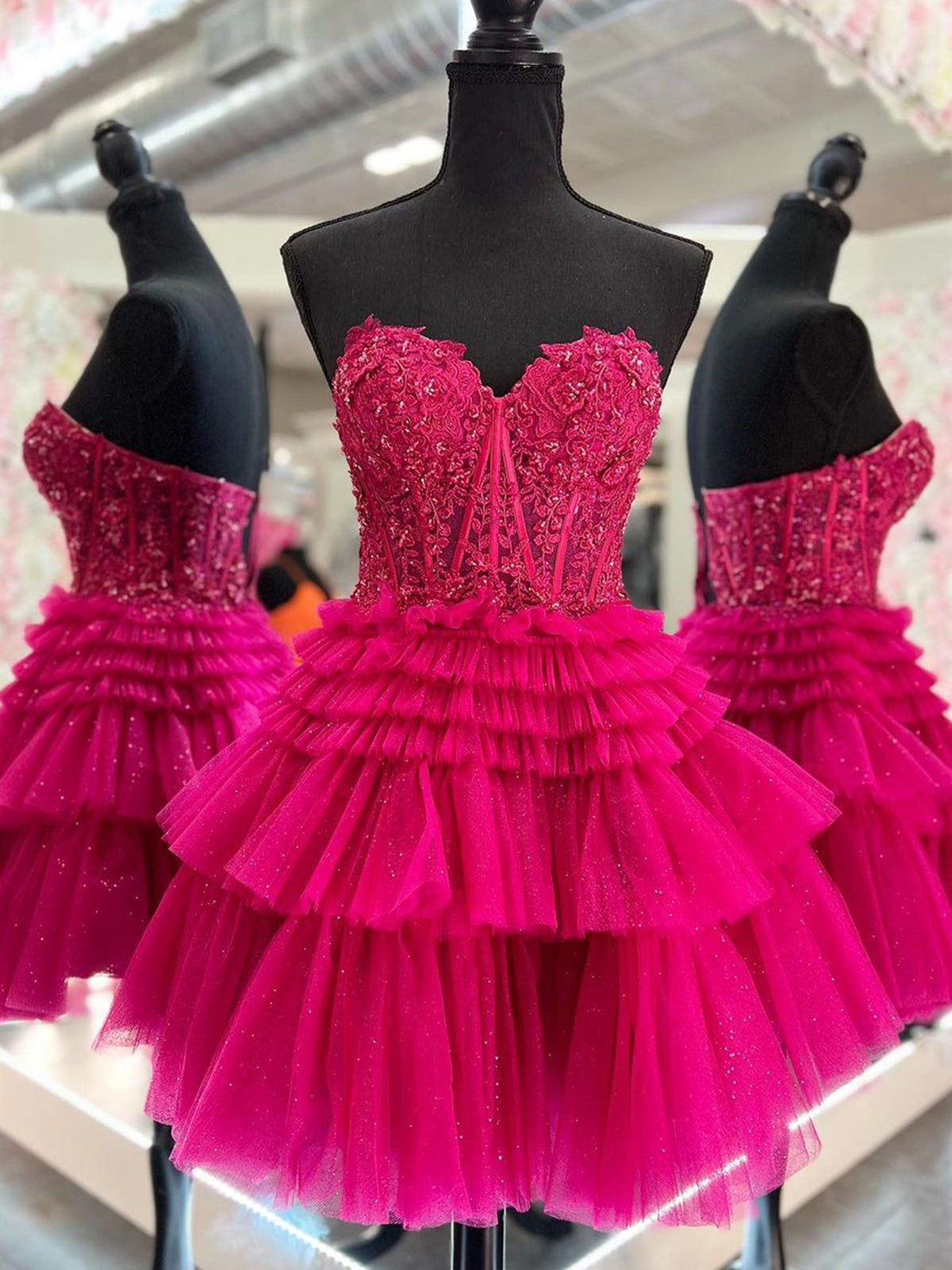 Strapless Short Fuchsia Black Pink Lace Corset Prom Dresses, Short Lace Corset Formal Corset Homecoming Dresses outfit, Bridesmaid Dresses Sage Green