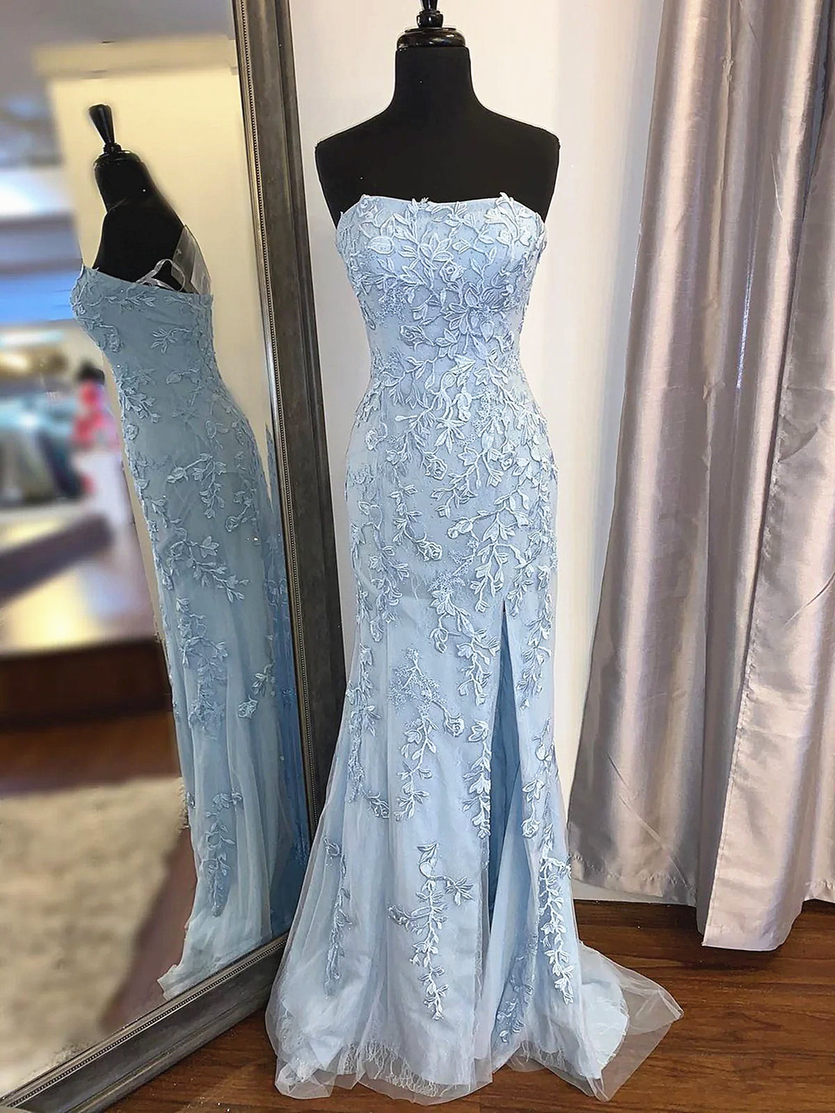 Strapless Sky Blue Lace Mermaid Long Corset Prom Dresses, Blue Lace Mermaid Corset Formal Graduation Dresses outfit, Party Dresses With Boots