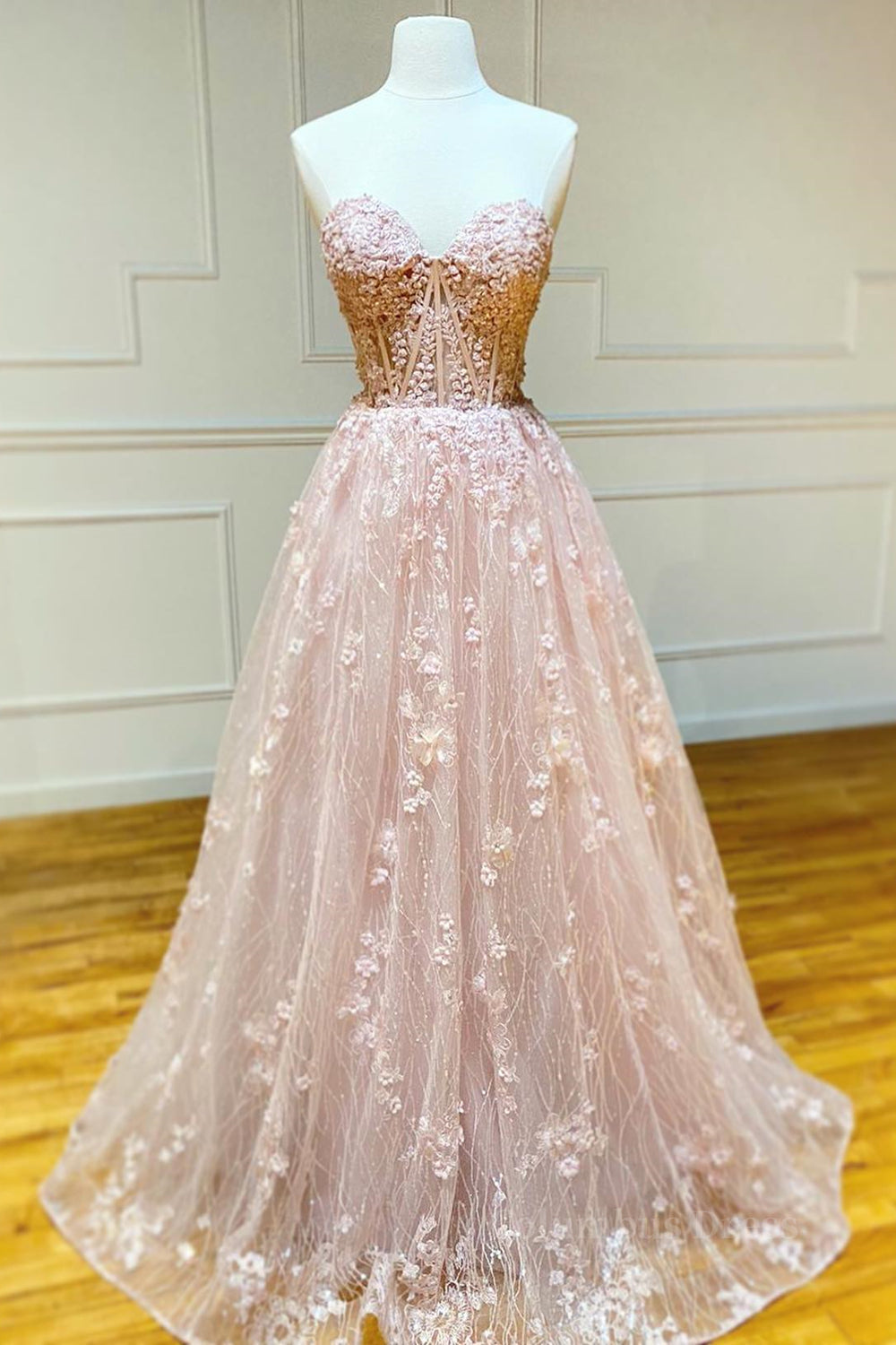 Strapless Sweetheart Neck Pink Lace Long Corset Prom Dress, Pink Lace Corset Formal Graduation Evening Dress outfit, Evening Dress Sale