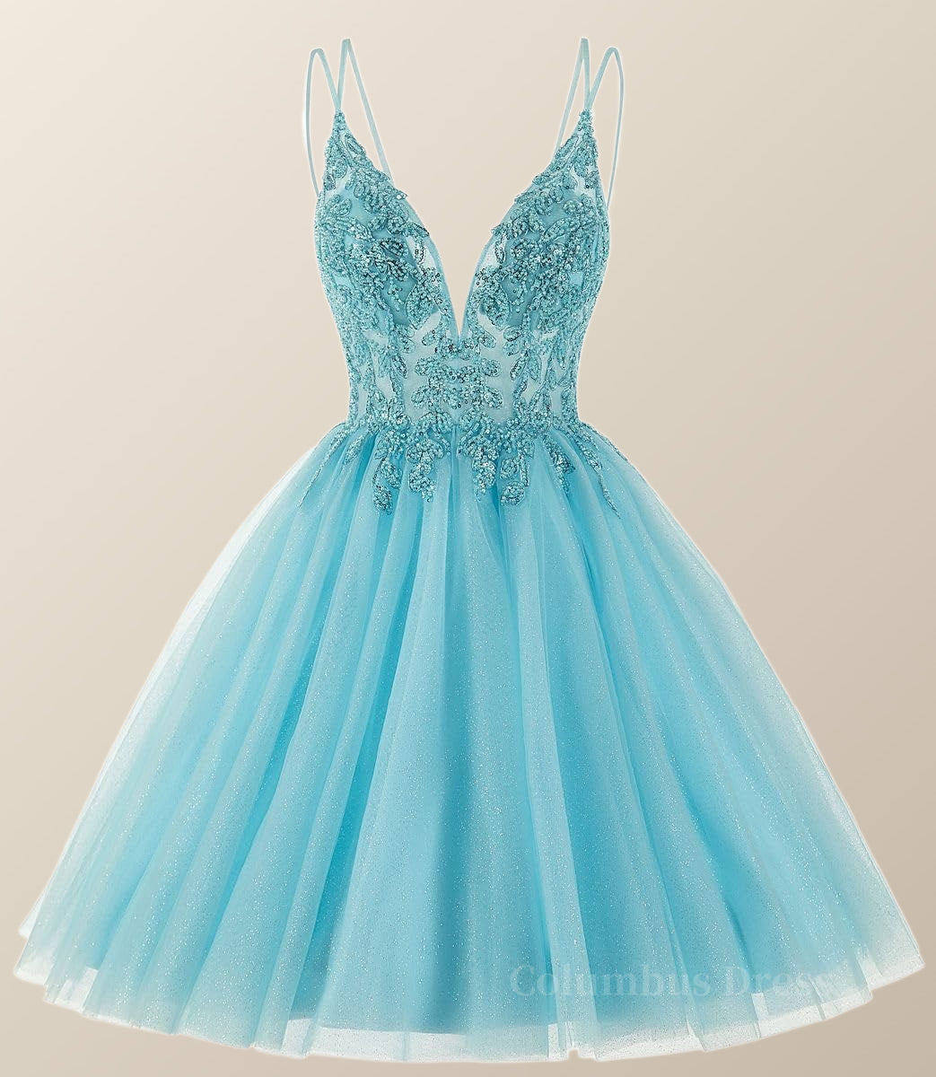Straps Blue Beaded A-line Short Corset Homecoming Dress outfit, Prom Dress Designer
