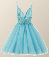 Straps Blue Beaded A-line Short Corset Homecoming Dress outfit, Prom Dress Design