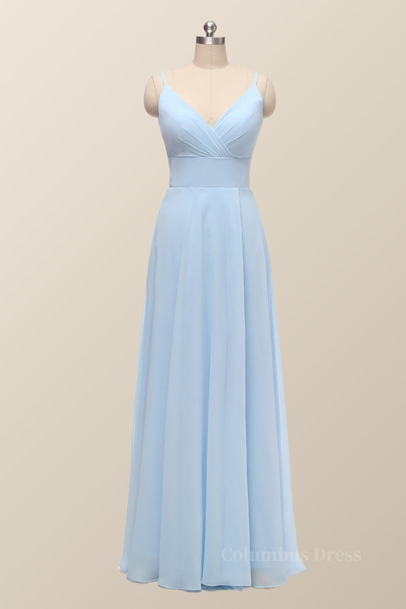 Straps Blue Empire Chiffon Long Corset Bridesmaid Dress outfit, Gorgeou Dress