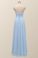 Straps Blue Empire Chiffon Long Corset Bridesmaid Dress outfit, Senior Prom Dress