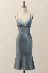 Straps Blue Satin Midi Corset Bridesmaid Dress outfit, Bridesmaids Dresses Colorful