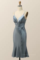 Straps Blue Satin Midi Corset Bridesmaid Dress outfit, Bridesmaid Dresses Colors